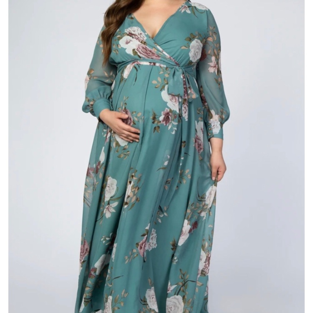 Teal Floral Chiffon Maternity Plus Maxi Dress